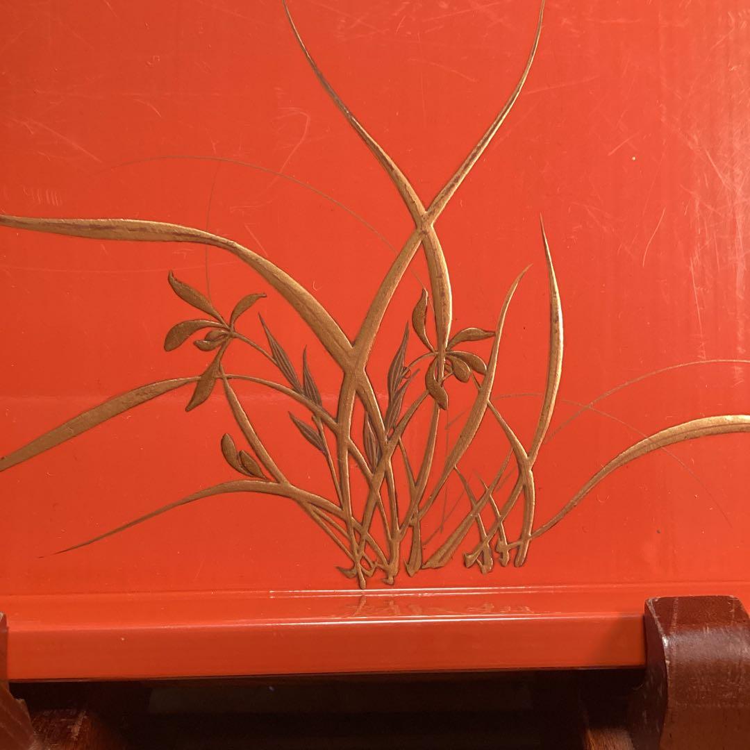 A3014 木製盆　根來　皆朱　隅切　四君子蒔絵　盆　１枚エガ❣️