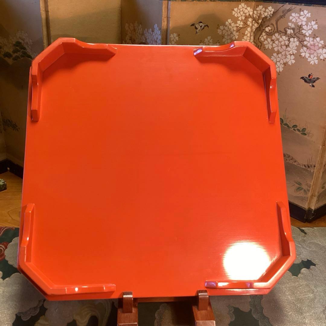 A3014 木製盆　根來　皆朱　隅切　四君子蒔絵　盆　１枚エガ❣️