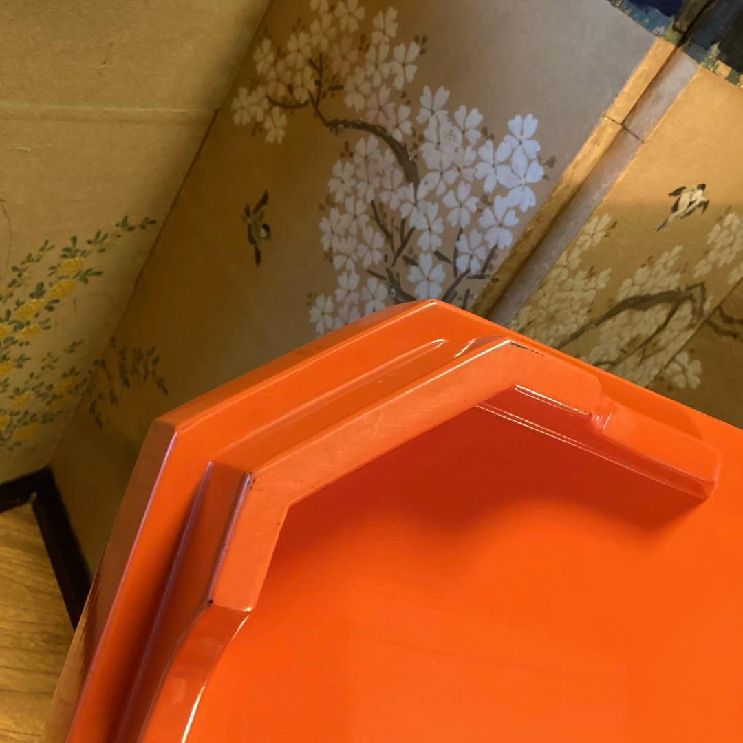 A3014 木製盆　根來　皆朱　隅切　四君子蒔絵　盆　１枚エガ❣️