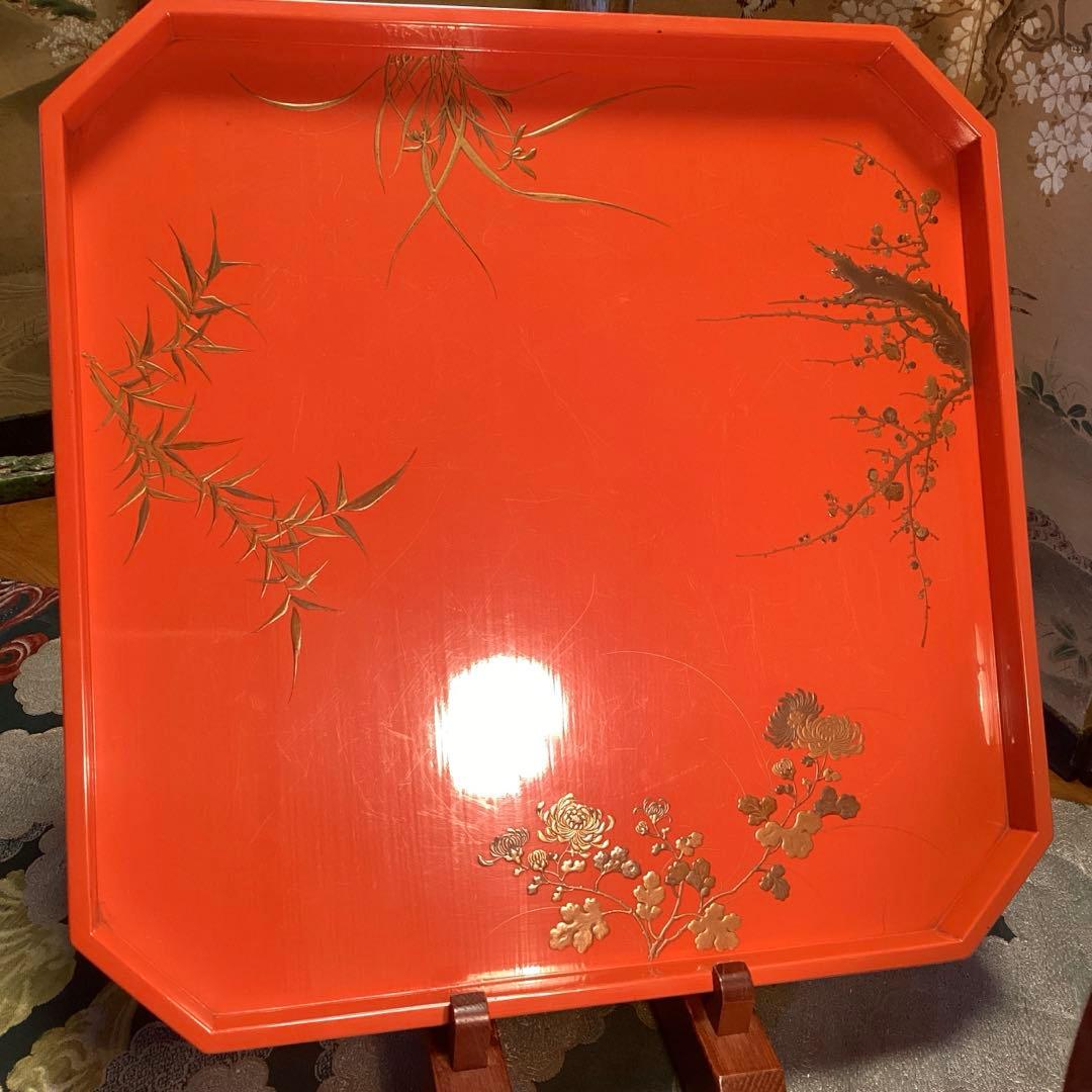 A3014 木製盆　根來　皆朱　隅切　四君子蒔絵　盆　１枚エガ❣️