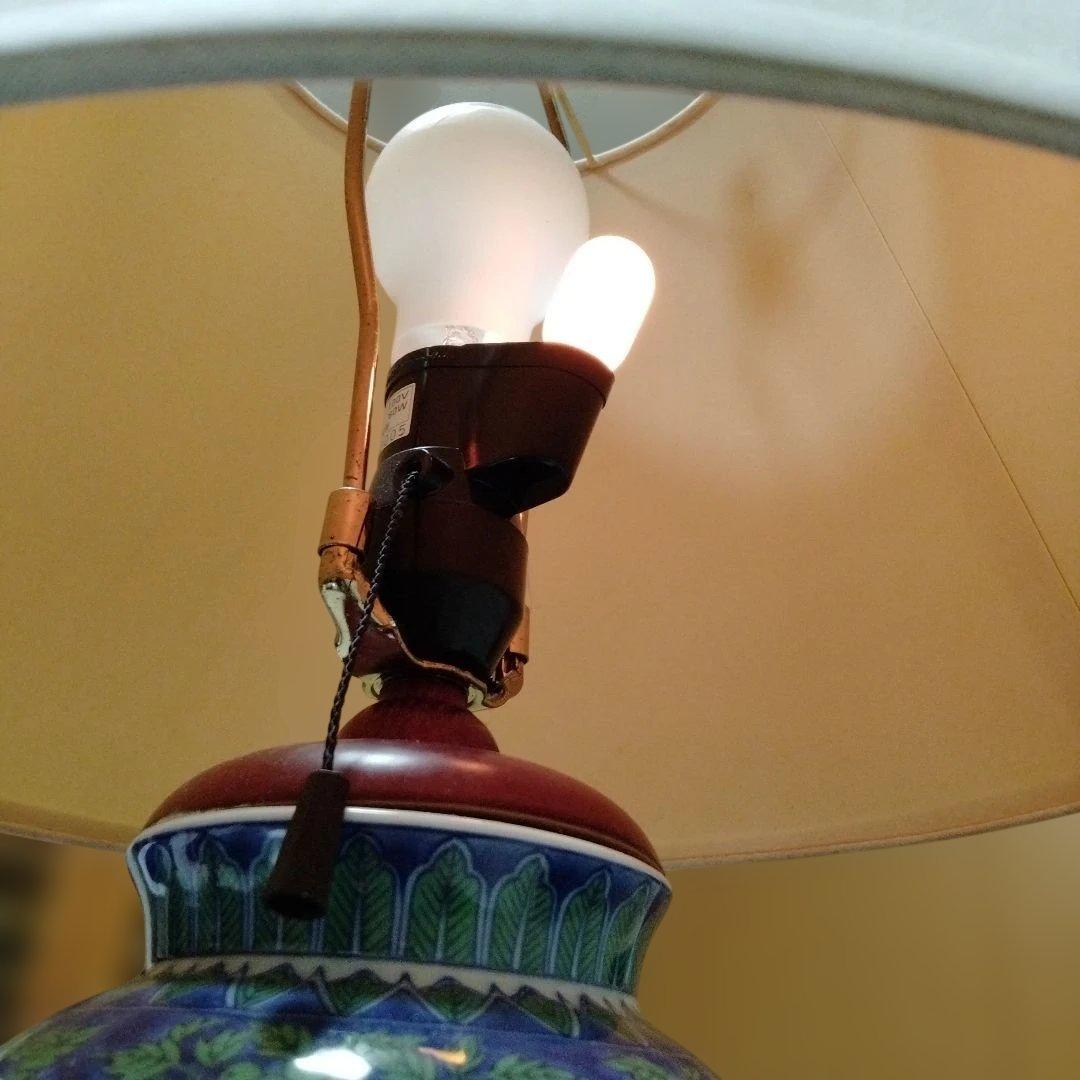 電気スタンド ランプ 照明 電球 ライト 大型 陶器 木製 青華緑彩 花柄