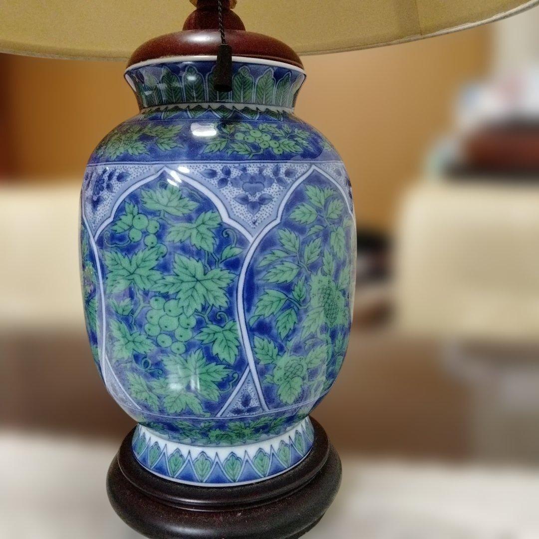 電気スタンド ランプ 照明 電球 ライト 大型 陶器 木製 青華緑彩 花柄
