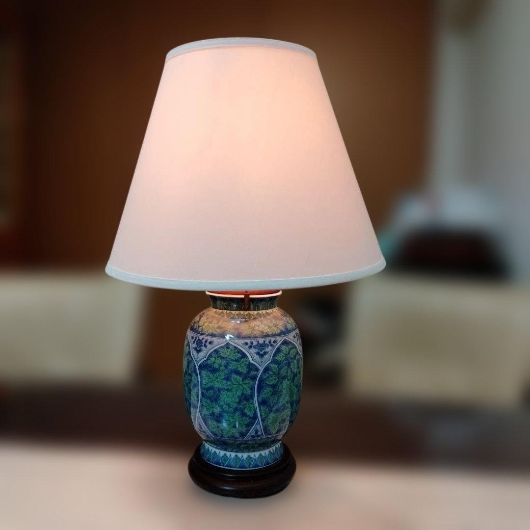 電気スタンド ランプ 照明 電球 ライト 大型 陶器 木製 青華緑彩 花柄