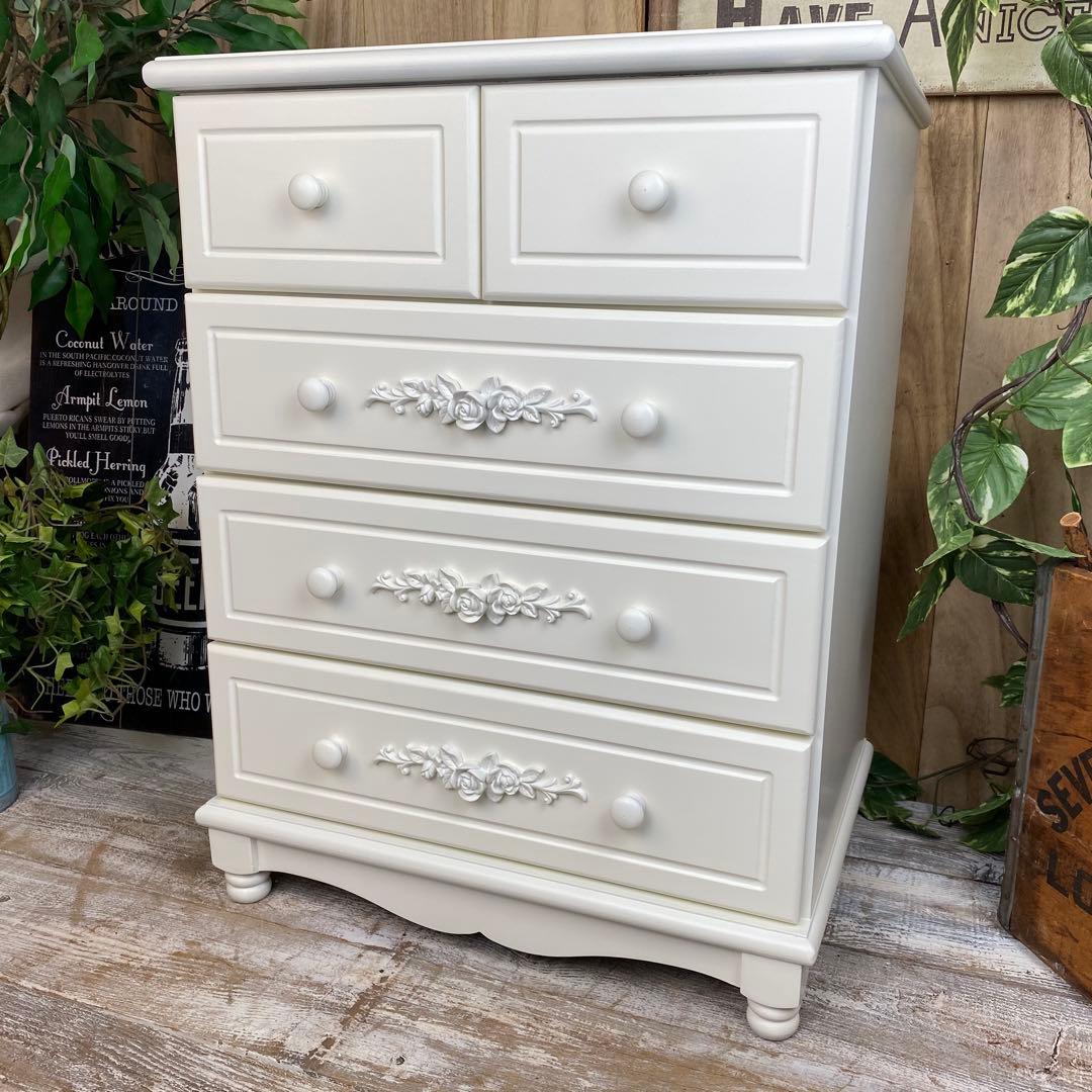 フレンチカントリー北欧調ホワイトチェスト四段五つ引き木製収納タンス飾り棚姫系