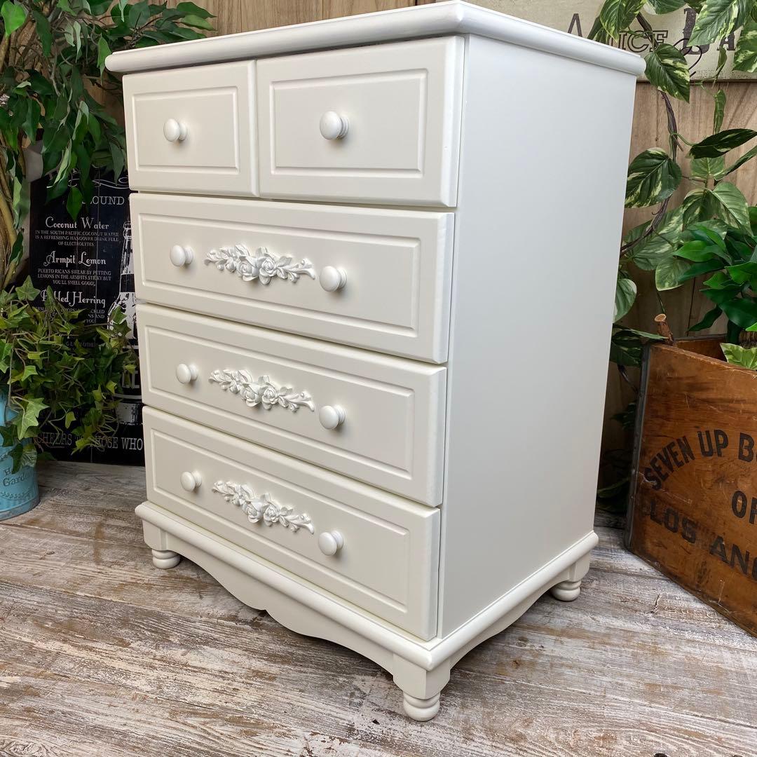 フレンチカントリー北欧調ホワイトチェスト四段五つ引き木製収納タンス飾り棚姫系