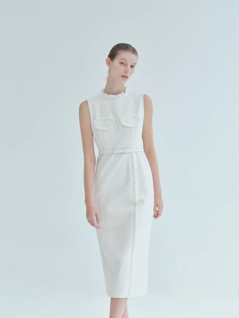 ワンピース laubeblanc Belted fringe tweed Dress