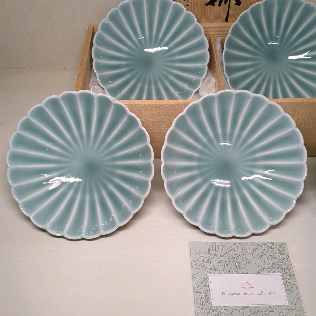 深川製磁　宮内庁御用達　青磁　菊割小付揃　５個　菊割鉢　深皿