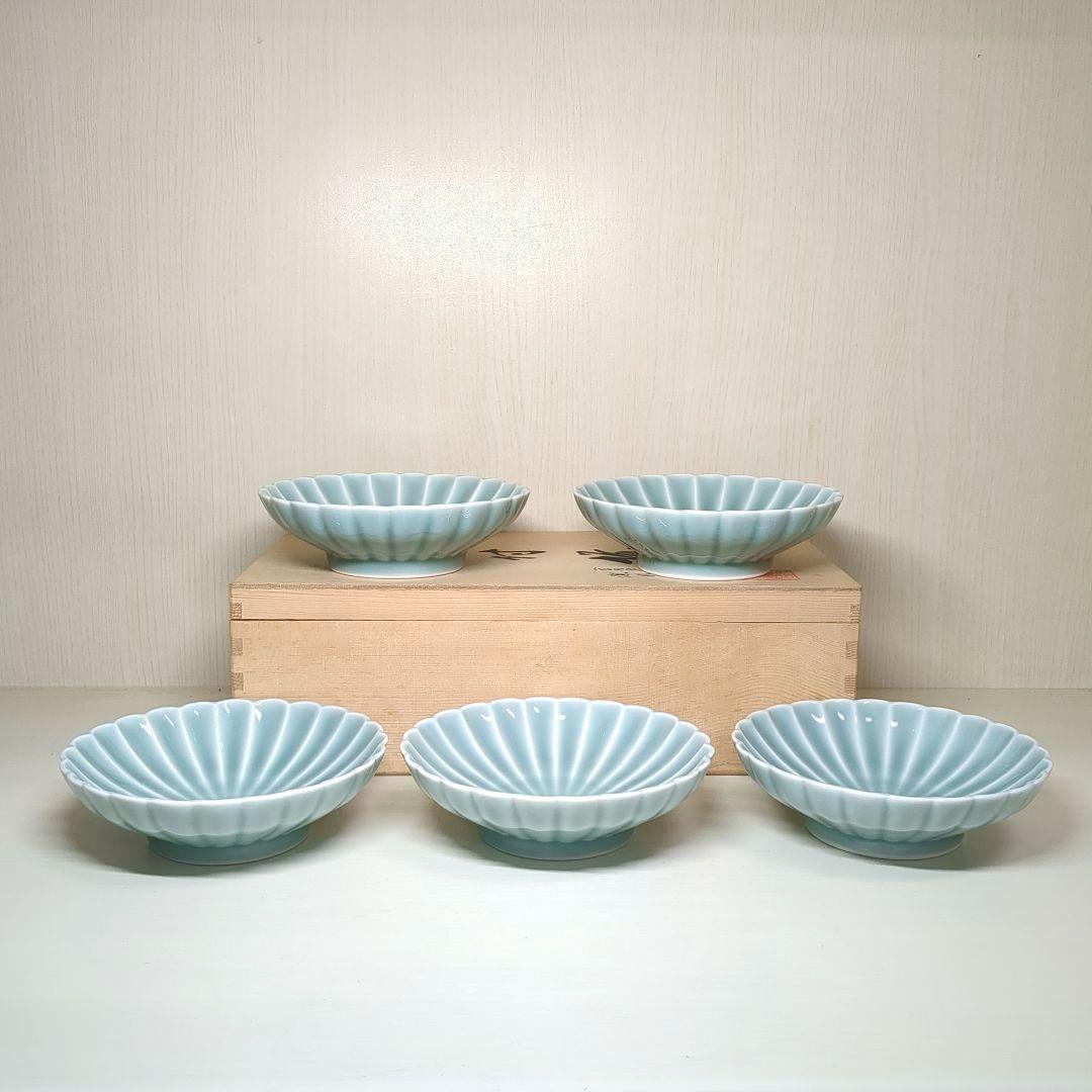 深川製磁　宮内庁御用達　青磁　菊割小付揃　５個　菊割鉢　深皿