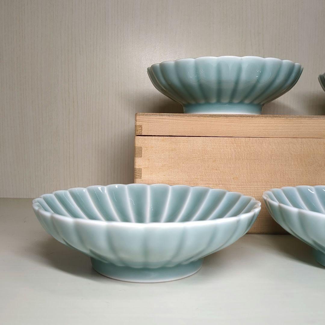 深川製磁　宮内庁御用達　青磁　菊割小付揃　５個　菊割鉢　深皿