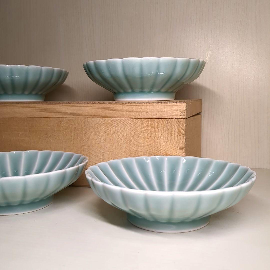 深川製磁　宮内庁御用達　青磁　菊割小付揃　５個　菊割鉢　深皿