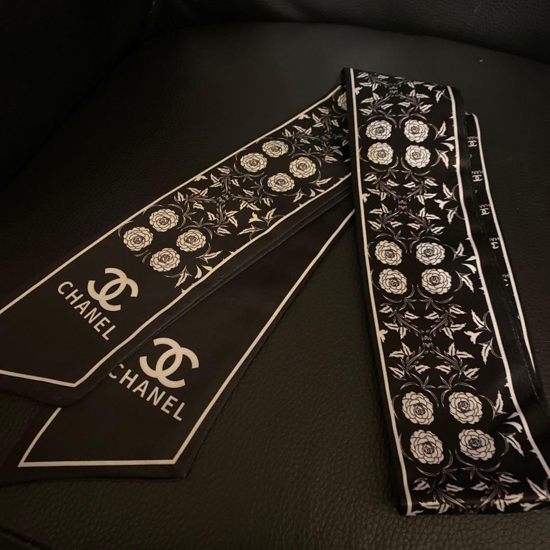 CHANEL ブラック 花柄 リボンスカーフ ノベルティ