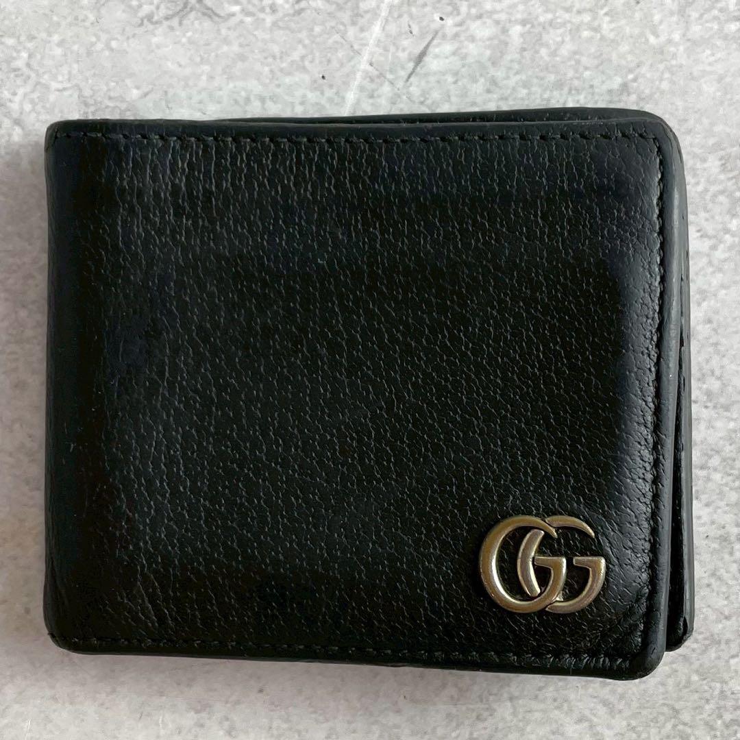 GUCCI 二つ折り財布 GGマーモント グッチ 小銭入れ レザー ブラック 黒