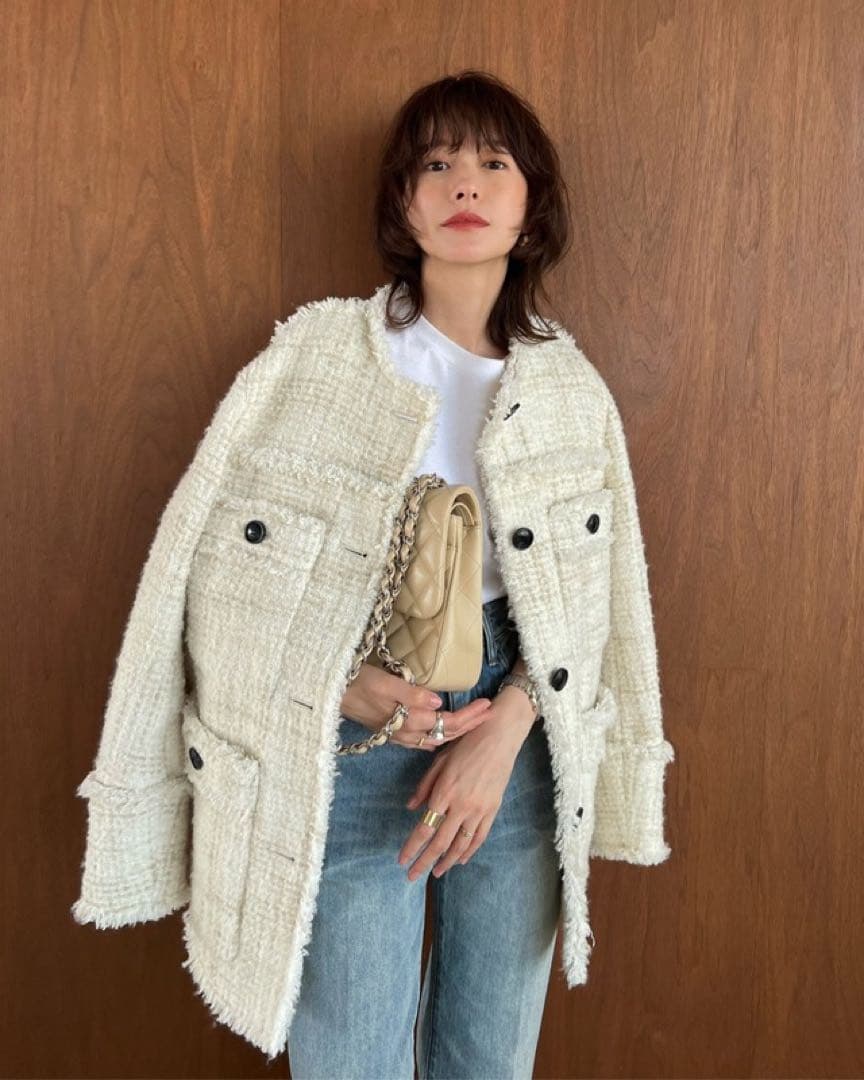 CLANE クラネ　ノーカラーツイードジャケット　サイズ1