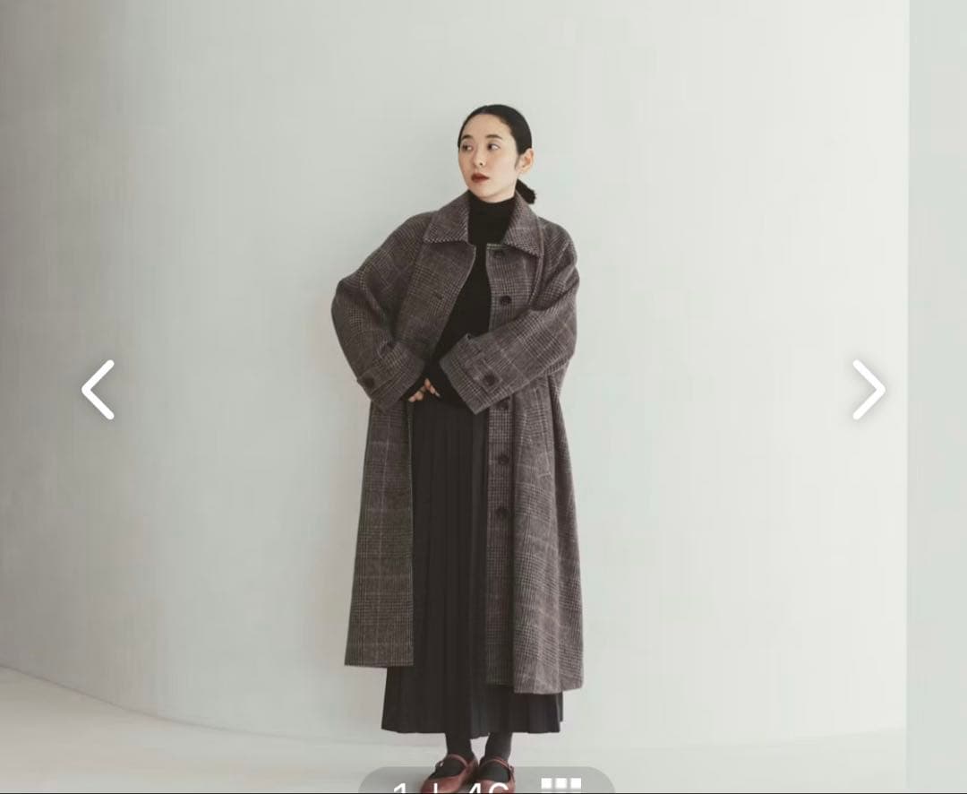 北欧、暮らしの道具店 かろやかに揺れるウールロングコート チェック柄