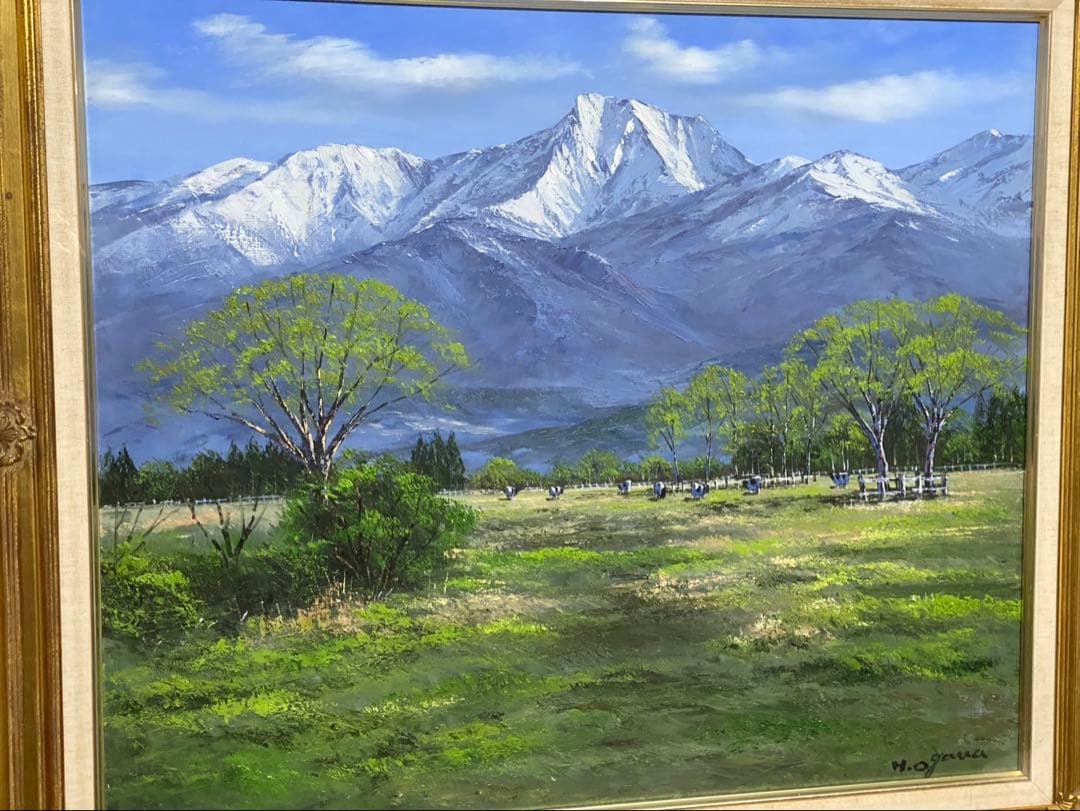風景画 油彩画　小川久雄　【八ヶ岳牧場】　F20号　油絵　大型　額縁　額装