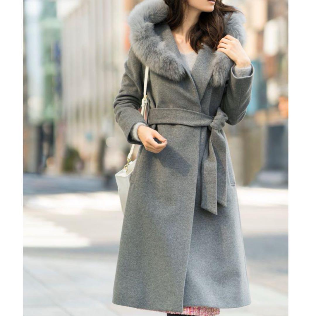 美品　Mystrada　ファー付　アンゴラ混　ロングコート　ベルト　グレー　M