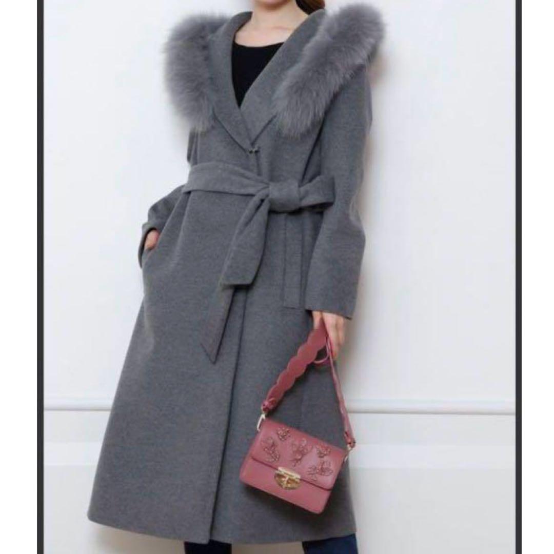 美品　Mystrada　ファー付　アンゴラ混　ロングコート　ベルト　グレー　M
