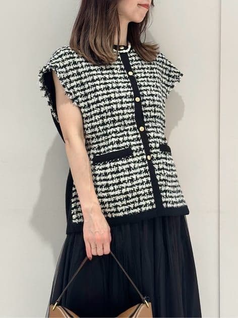 新品【Ballsey】ニットコンビツイード フレンチスリーブジレ