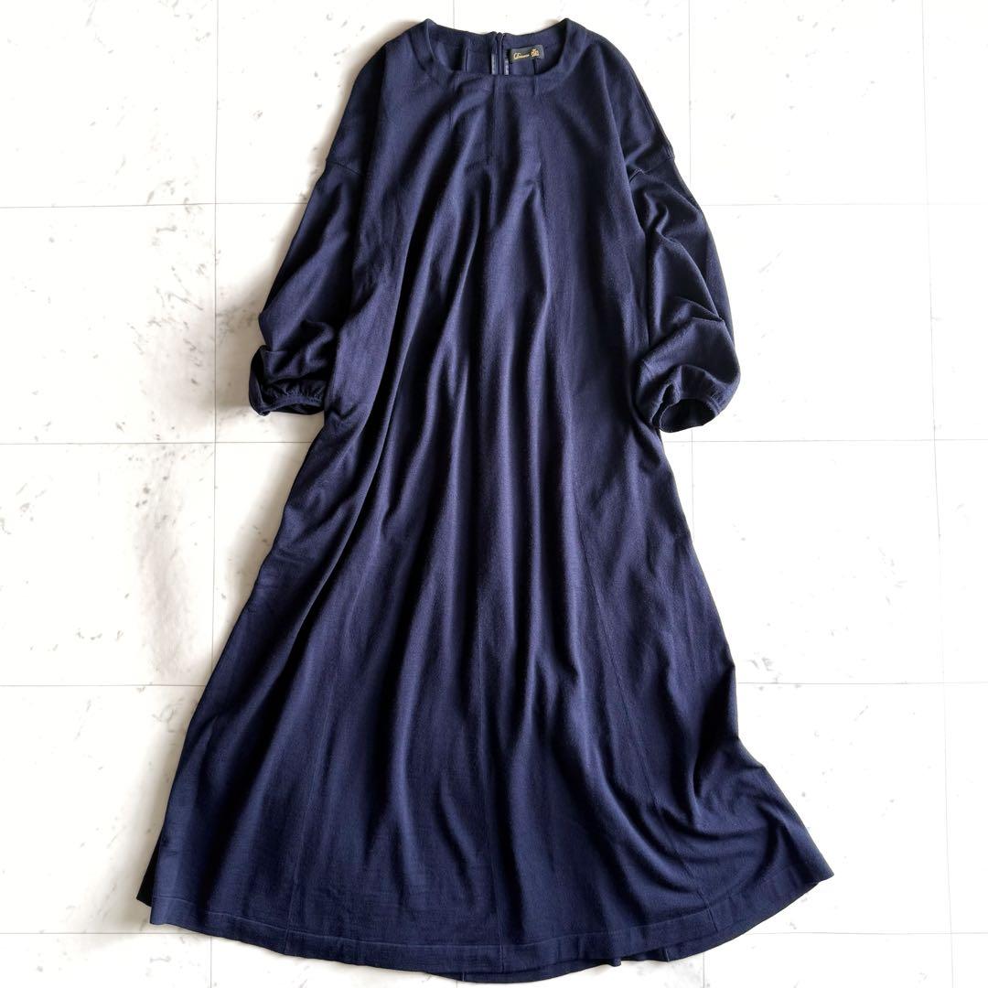 美品 ドゥロワー ウールシルク ニット ロング丈 ワンピース◆ネイビー