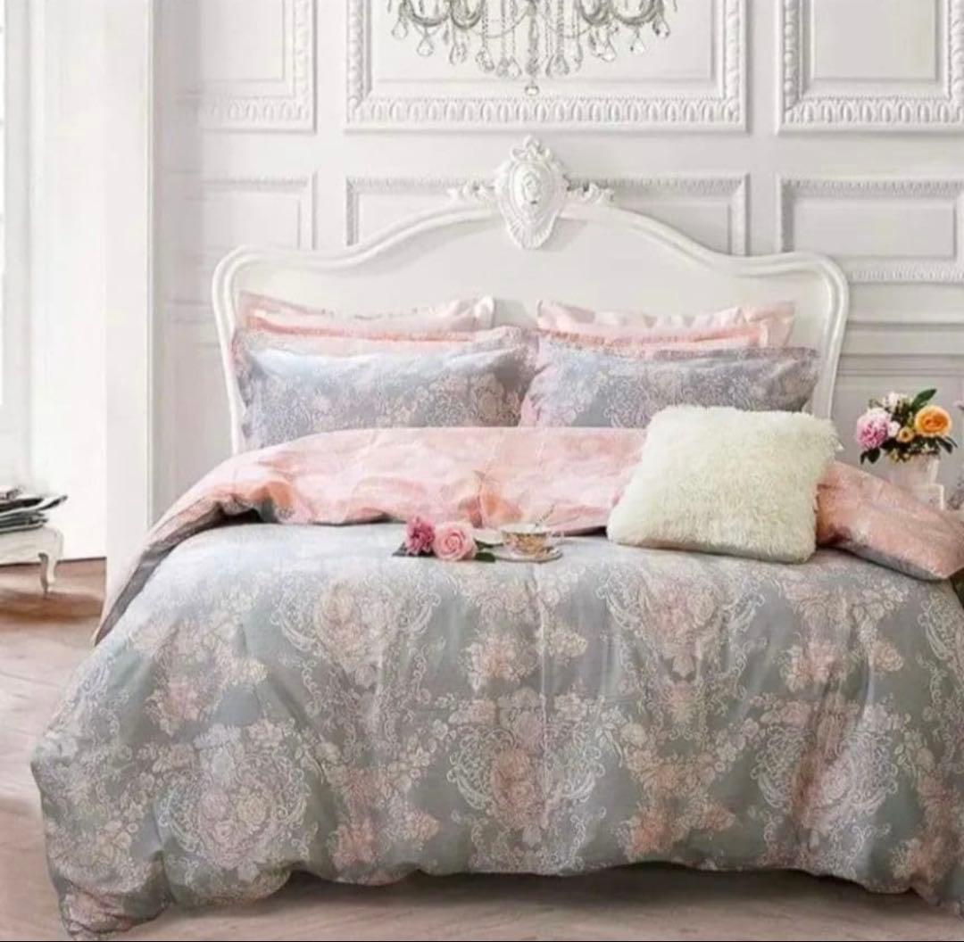 新品未使用★エレガントなグレー＆ピンクダマスクスローズ柄ダブル掛け布団と枕カバー