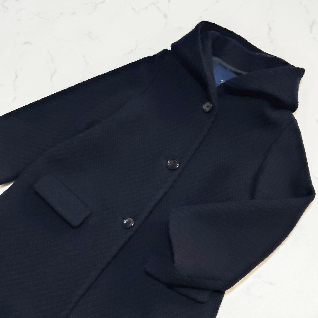 スローブイエナ フード ウールコート Aライン ツィード ネイビー