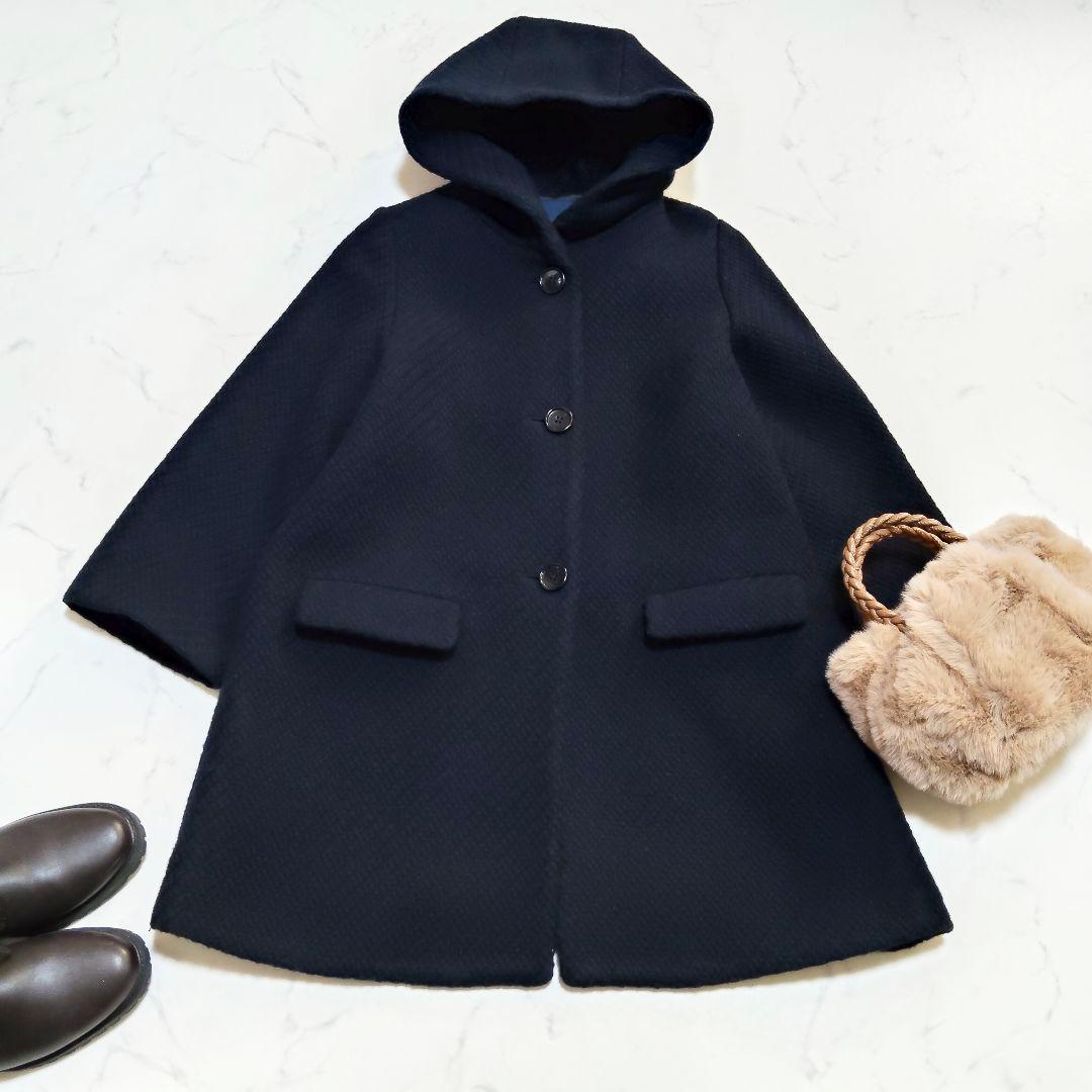 スローブイエナ フード ウールコート Aライン ツィード ネイビー