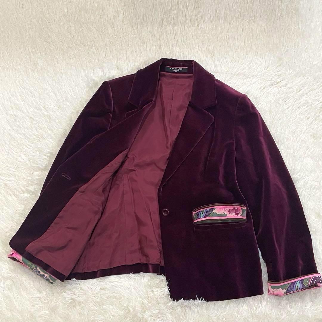 973 LEONARD テーラードジャケット ワインレッド 綿 絹 XL