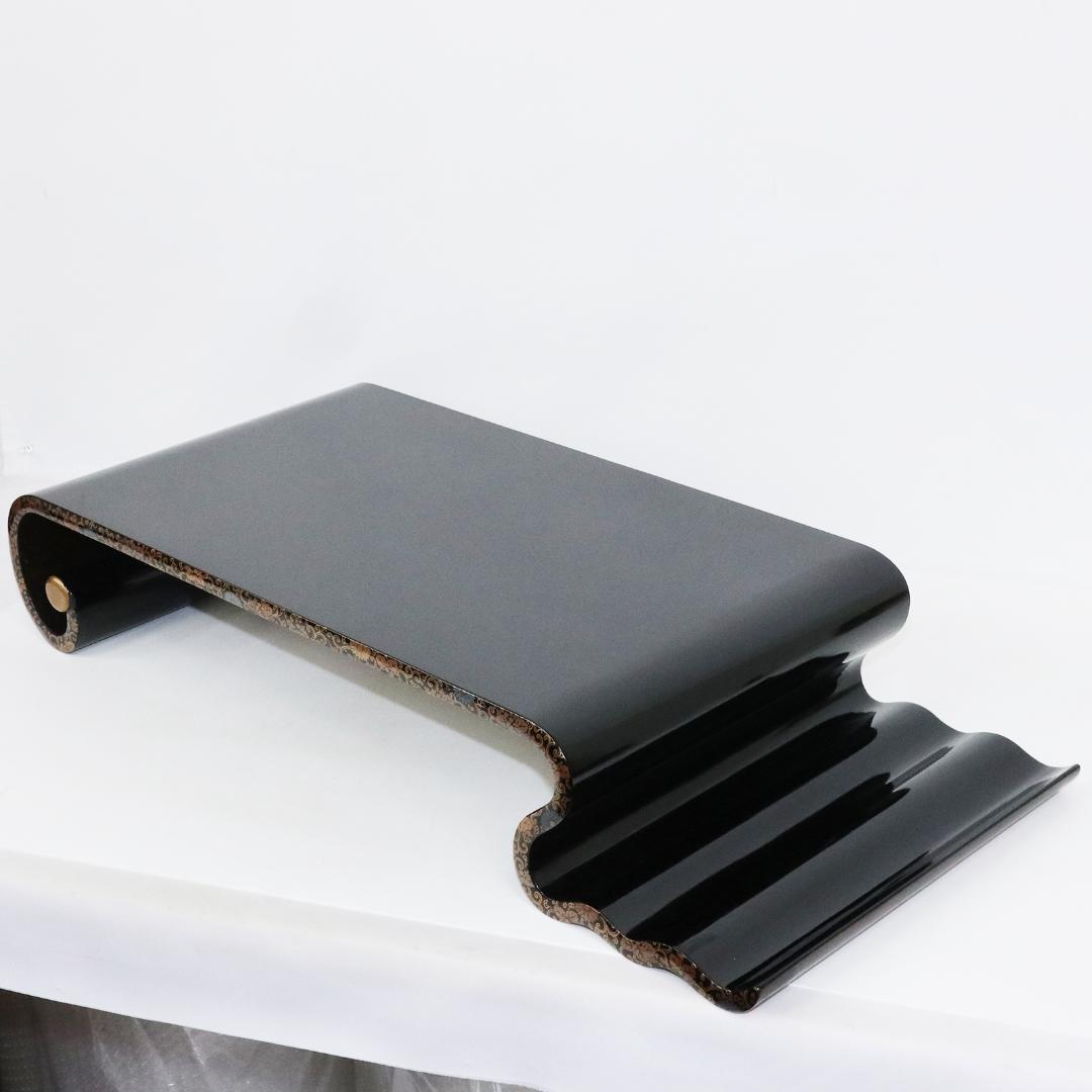 金蒔絵 黒塗 巻足 波足 花台 平卓 飾台 香炉 盆栽 木製 梨地 共箱