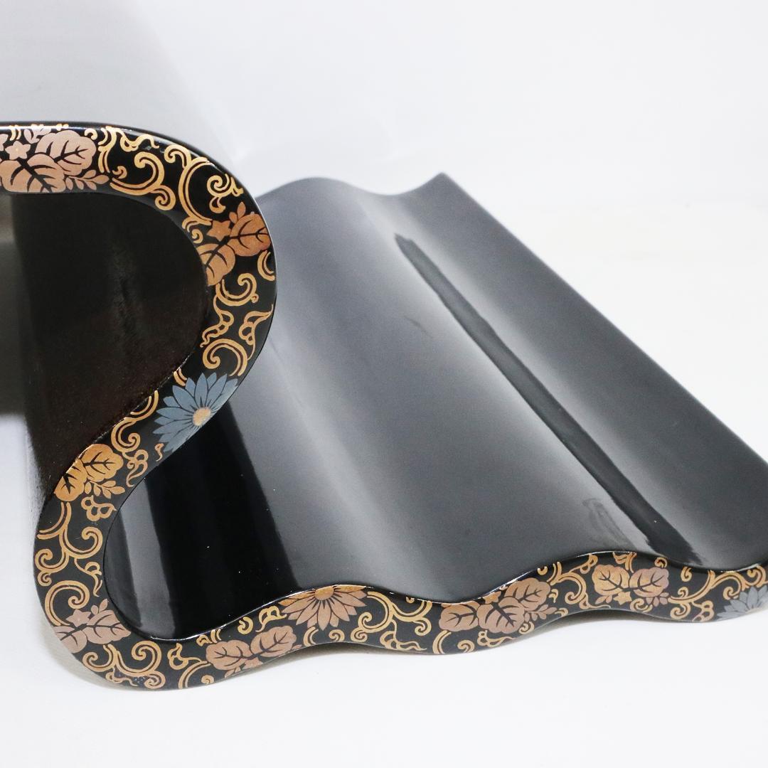 金蒔絵 黒塗 巻足 波足 花台 平卓 飾台 香炉 盆栽 木製 梨地 共箱