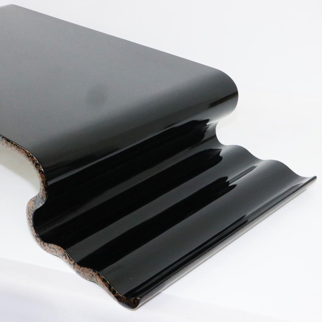 金蒔絵 黒塗 巻足 波足 花台 平卓 飾台 香炉 盆栽 木製 梨地 共箱