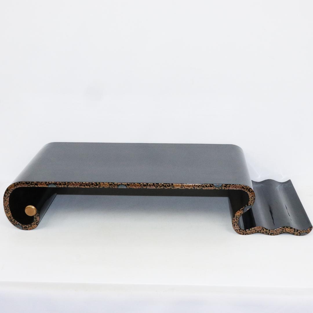 金蒔絵 黒塗 巻足 波足 花台 平卓 飾台 香炉 盆栽 木製 梨地 共箱