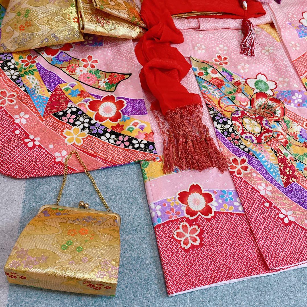 七五三 7歳 正絹 着物 作り帯 バッグ 草履 フルセット 鹿の子 ピンク