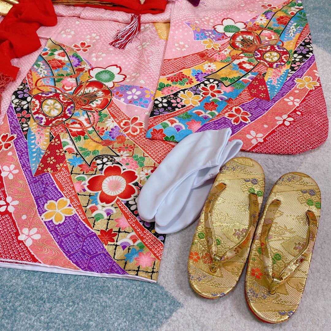 七五三 7歳 正絹 着物 作り帯 バッグ 草履 フルセット 鹿の子 ピンク
