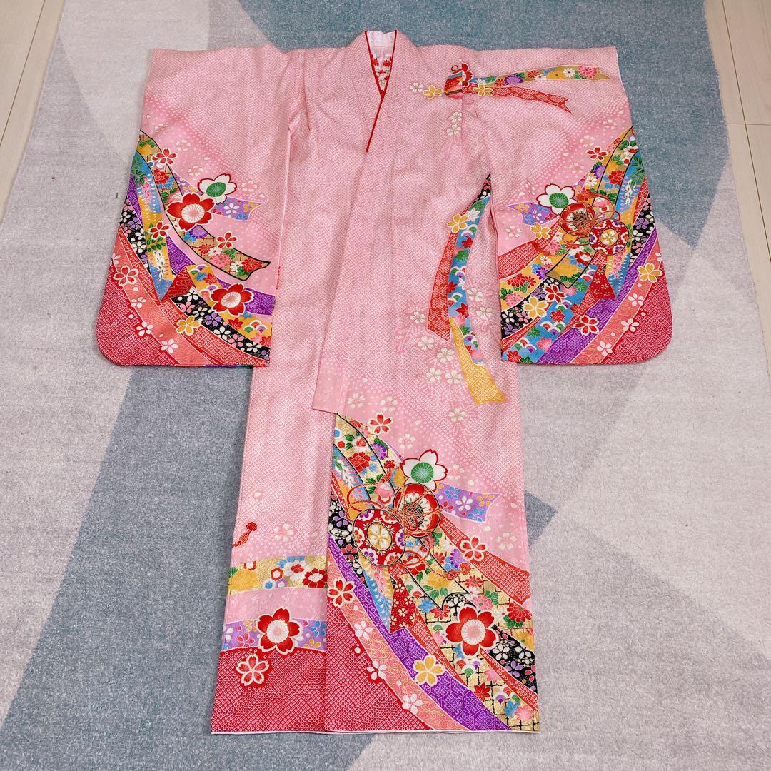 七五三 7歳 正絹 着物 作り帯 バッグ 草履 フルセット 鹿の子 ピンク