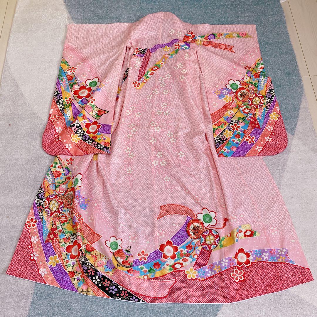 七五三 7歳 正絹 着物 作り帯 バッグ 草履 フルセット 鹿の子 ピンク