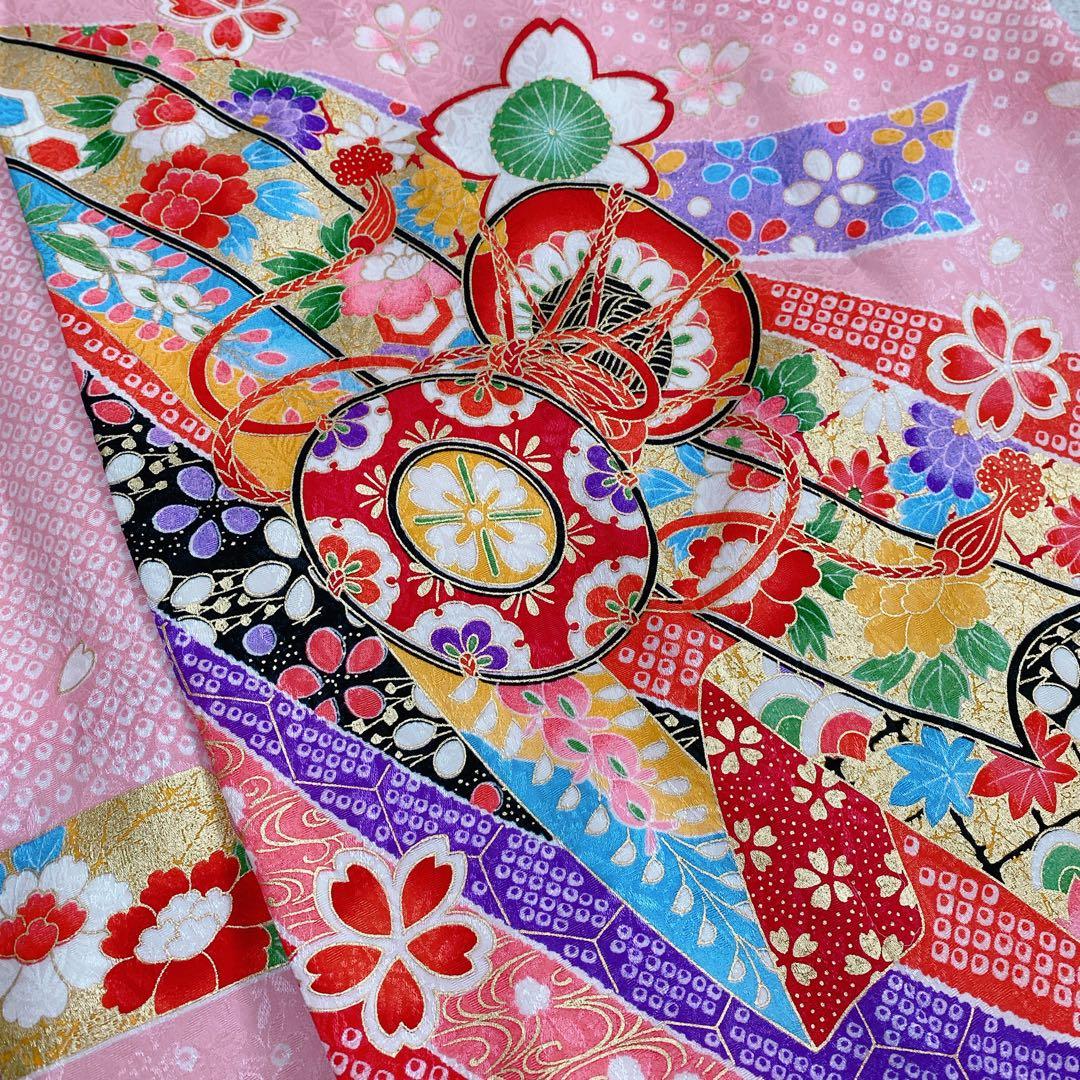 七五三 7歳 正絹 着物 作り帯 バッグ 草履 フルセット 鹿の子 ピンク