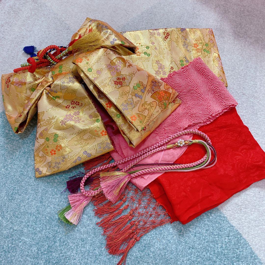 七五三 7歳 正絹 着物 作り帯 バッグ 草履 フルセット 鹿の子 ピンク