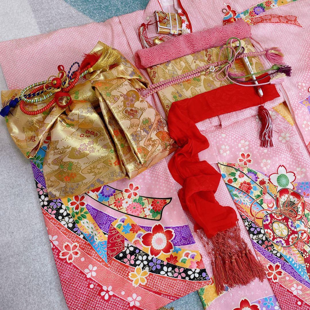 七五三 7歳 正絹 着物 作り帯 バッグ 草履 フルセット 鹿の子 ピンク