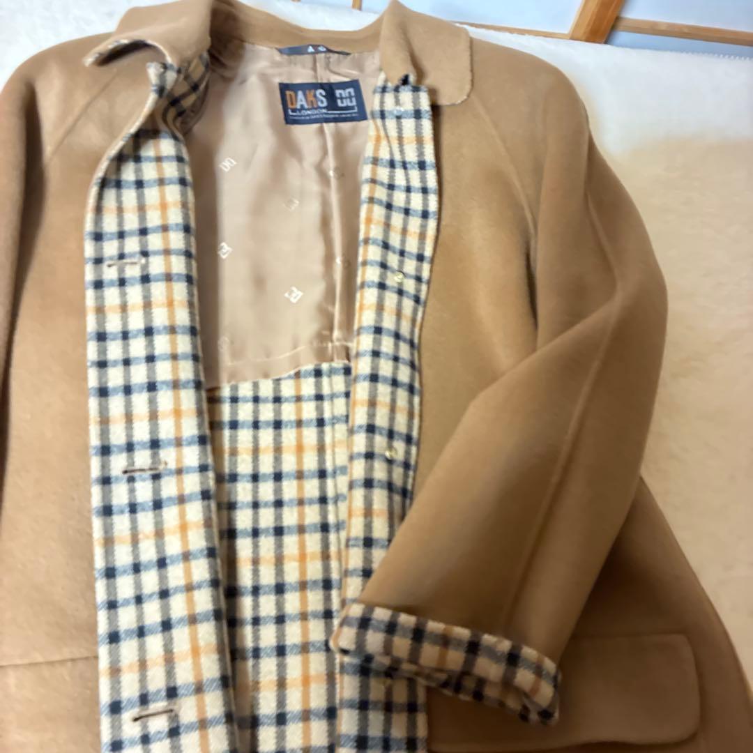 DAKS 茶ロングコート M 毛100. ハウスチェック柄