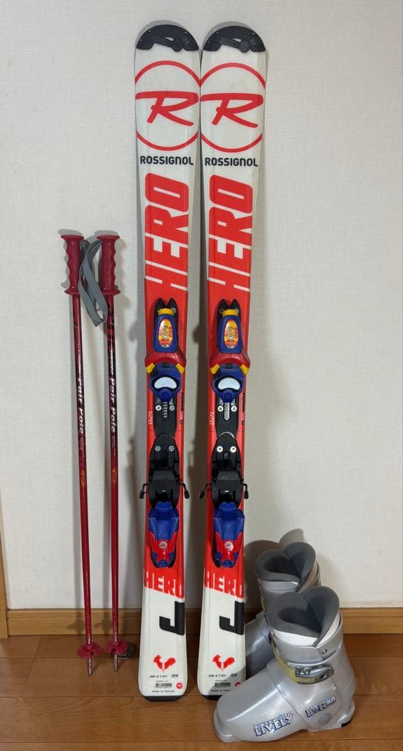 【中古】ROSSIGNOL HERO スキー板120cm ブーツ、ストックセット