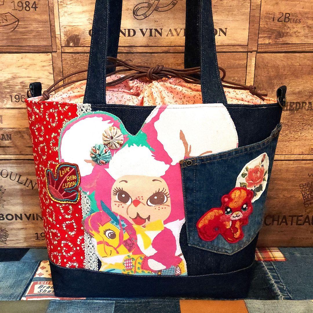 【ローズ】デニムリメイク 大きめ巾着トートバッグ レトロバック