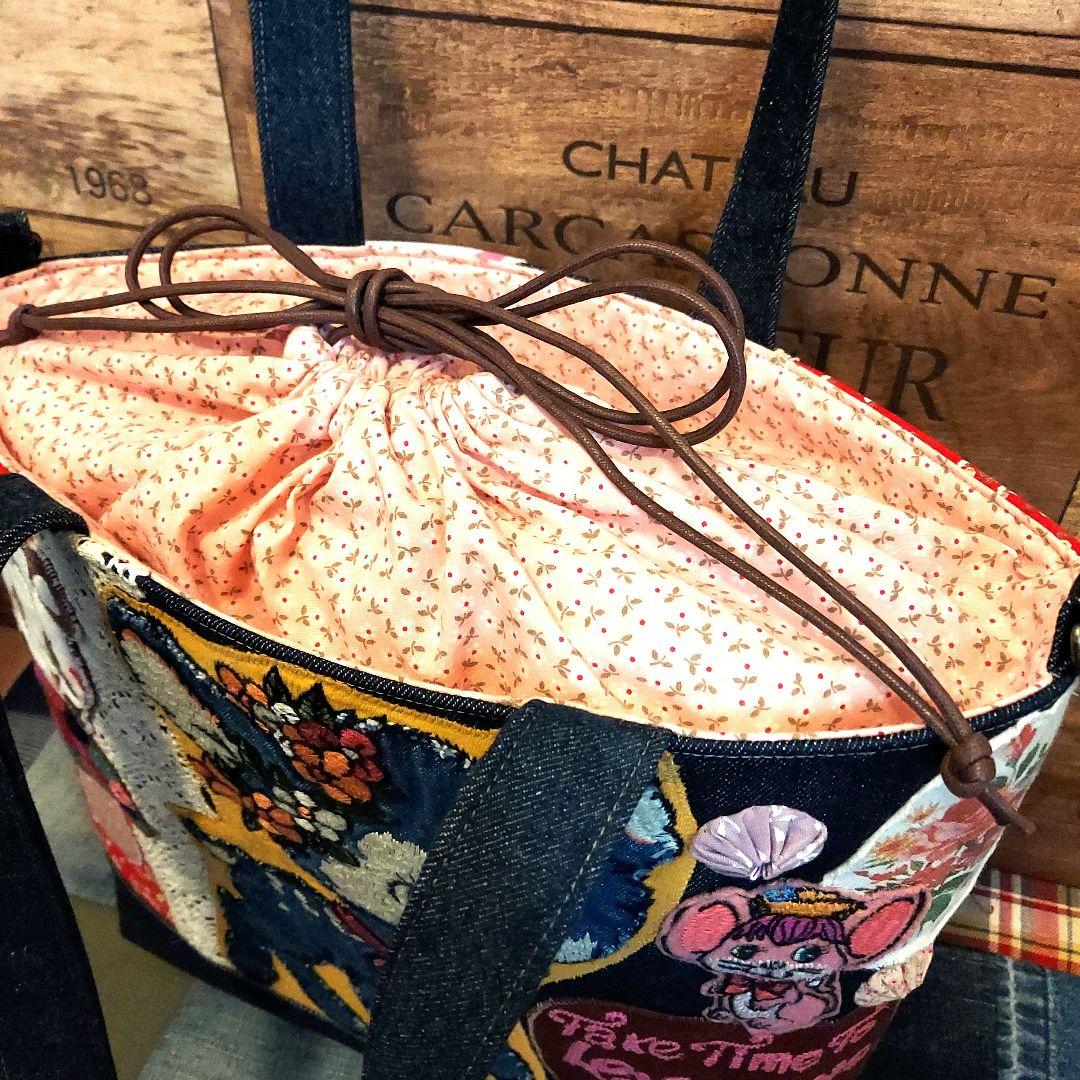 【ローズ】デニムリメイク 大きめ巾着トートバッグ レトロバック