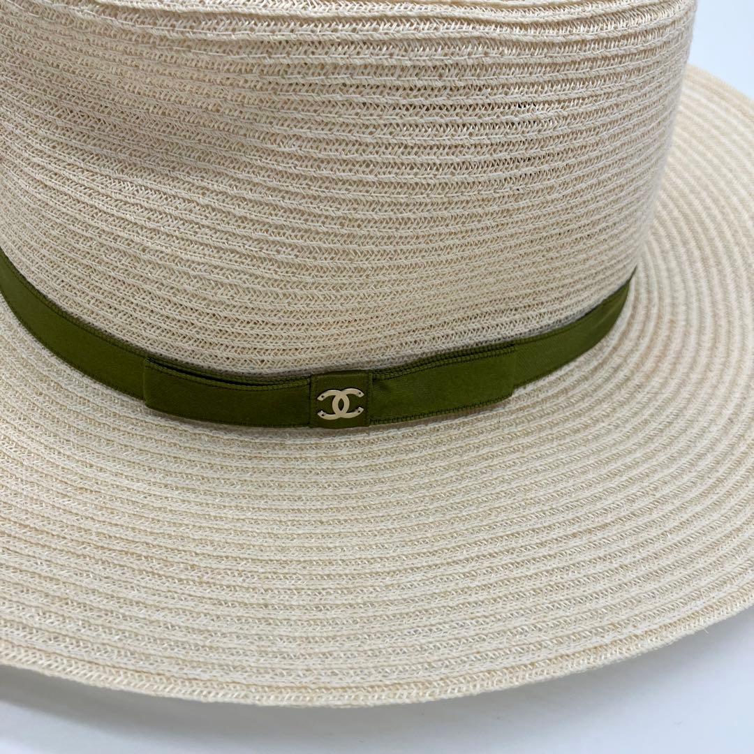 CHANEL ココマーク ストローハット 麦わら帽子 ホワイト グリーン
