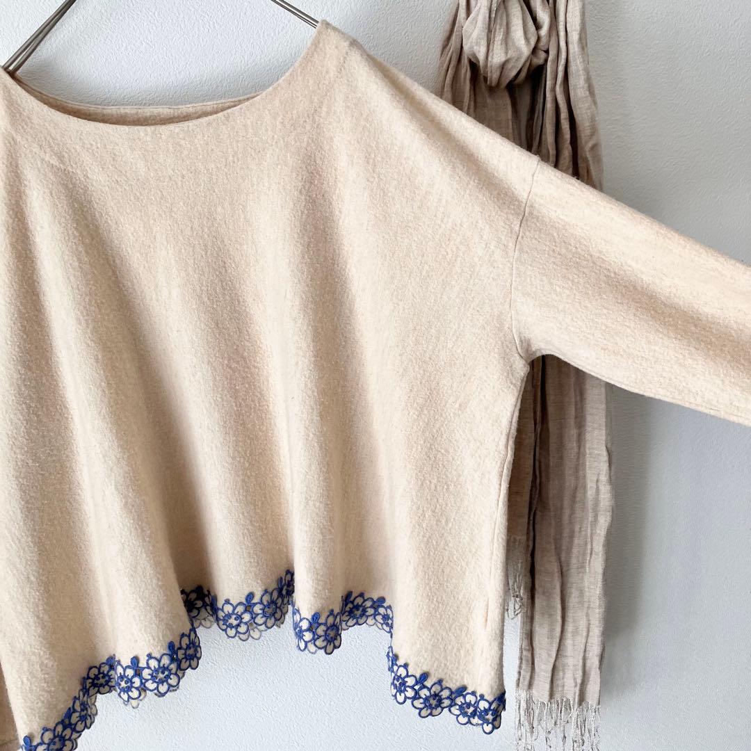 45R 縮絨ウール 裾刺繍 オーバーサイズチュニックプルオーバー トップス