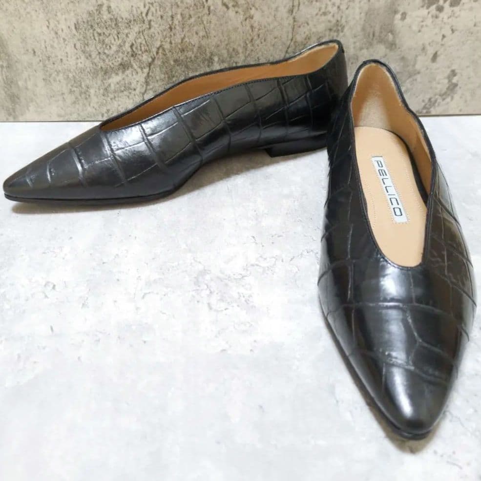 【美品】PELLICO フラットシューズ クロコ ソフト Vカット レザー 36
