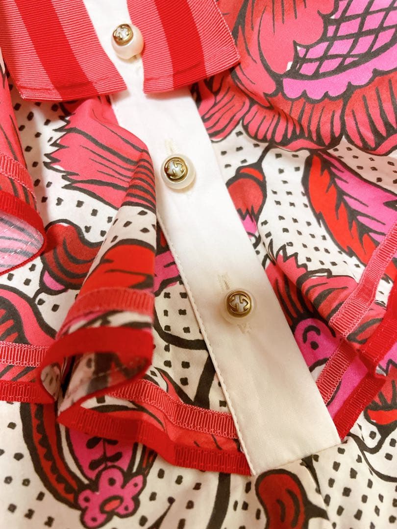 GUCCI グッチ　シャツワンピース　パールボタン　フリル　花柄　赤　ピンク