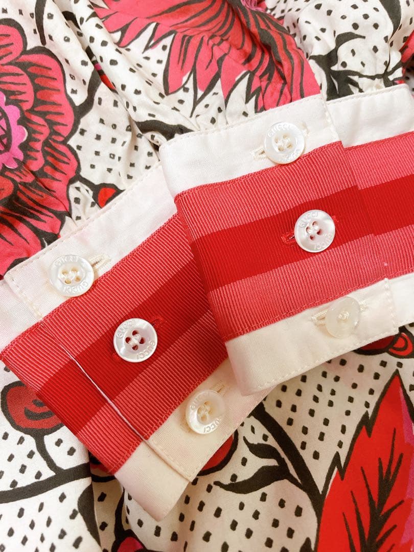 GUCCI グッチ　シャツワンピース　パールボタン　フリル　花柄　赤　ピンク