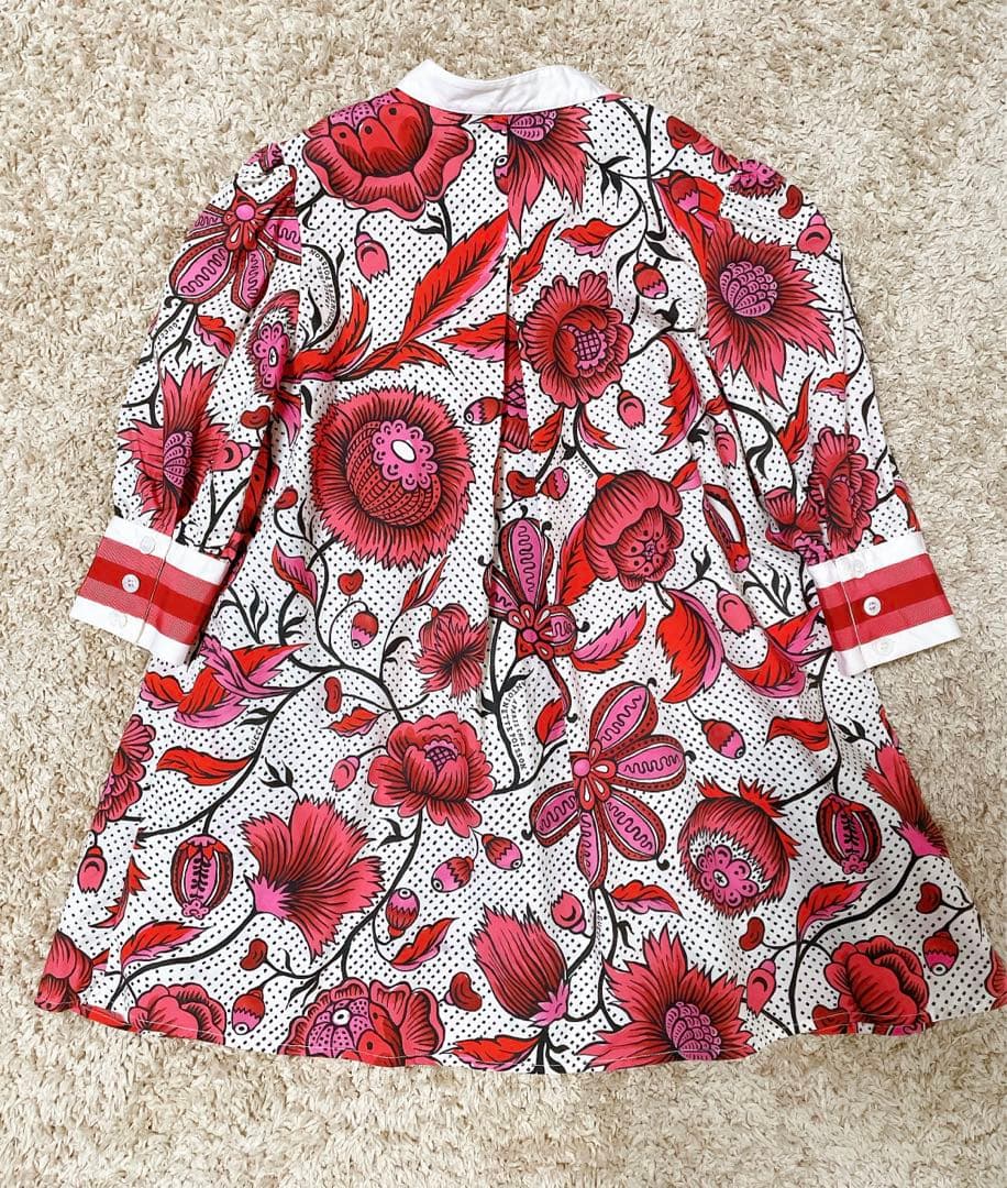 GUCCI グッチ　シャツワンピース　パールボタン　フリル　花柄　赤　ピンク
