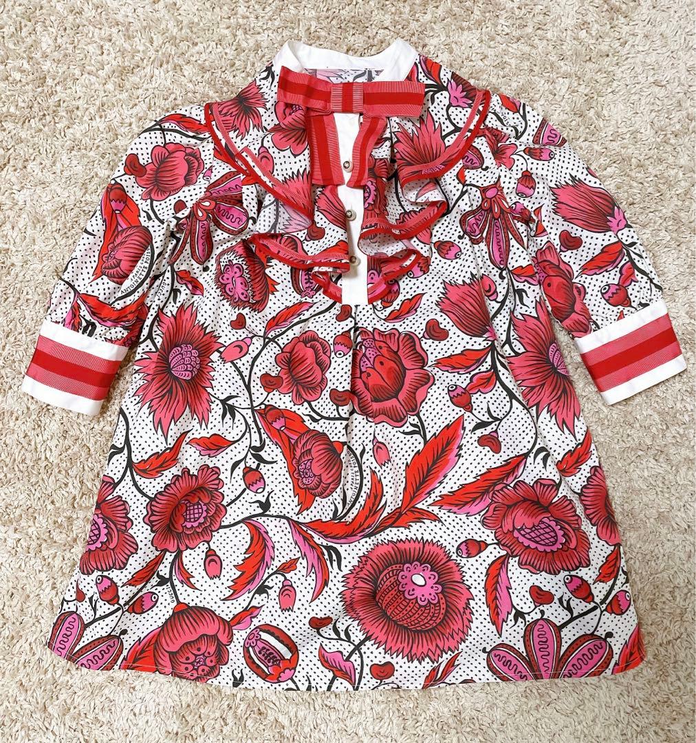 GUCCI グッチ　シャツワンピース　パールボタン　フリル　花柄　赤　ピンク