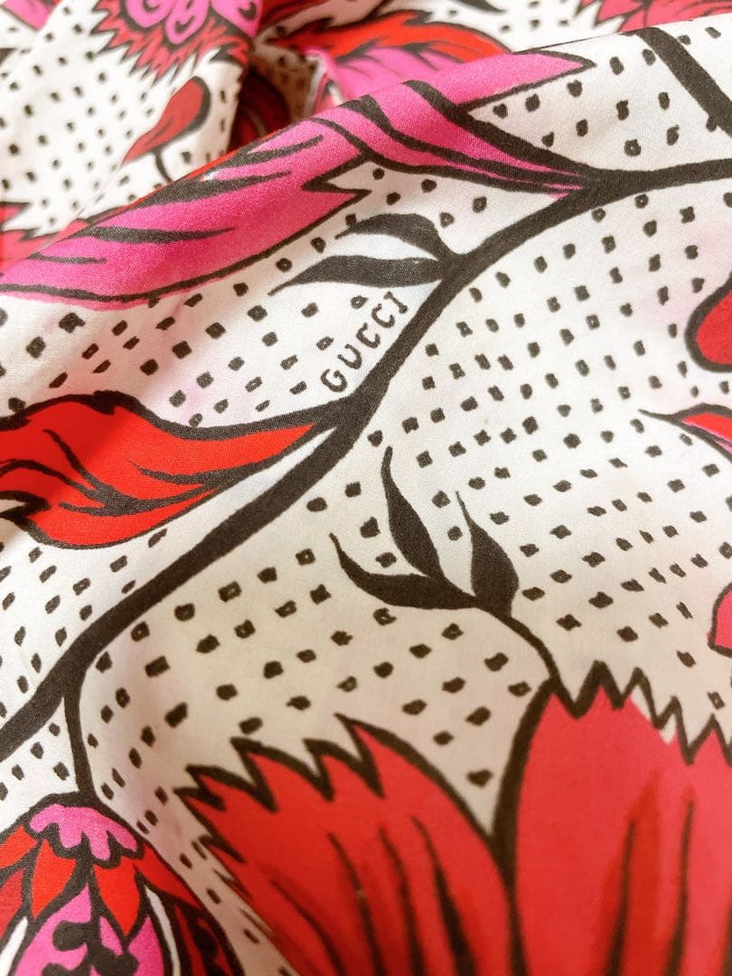 GUCCI グッチ　シャツワンピース　パールボタン　フリル　花柄　赤　ピンク